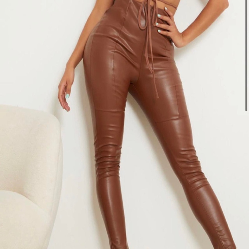 PrettyLittleThing - Shaped Camel PU Panelled Pants Size 12